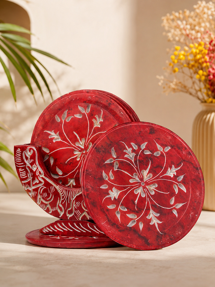 Meenakari Red Soapstone Coaster Set Of 6