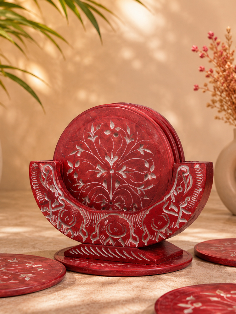 Meenakari Red Soapstone Coaster Set Of 6