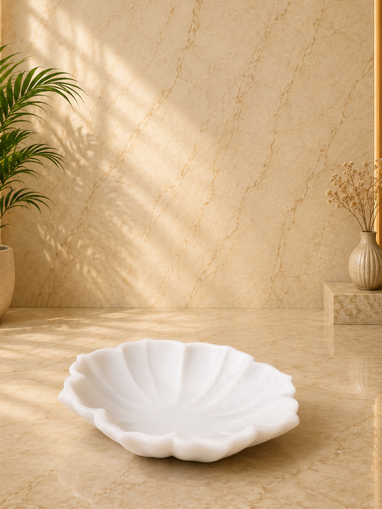 White Marble Flower Urli Bowl